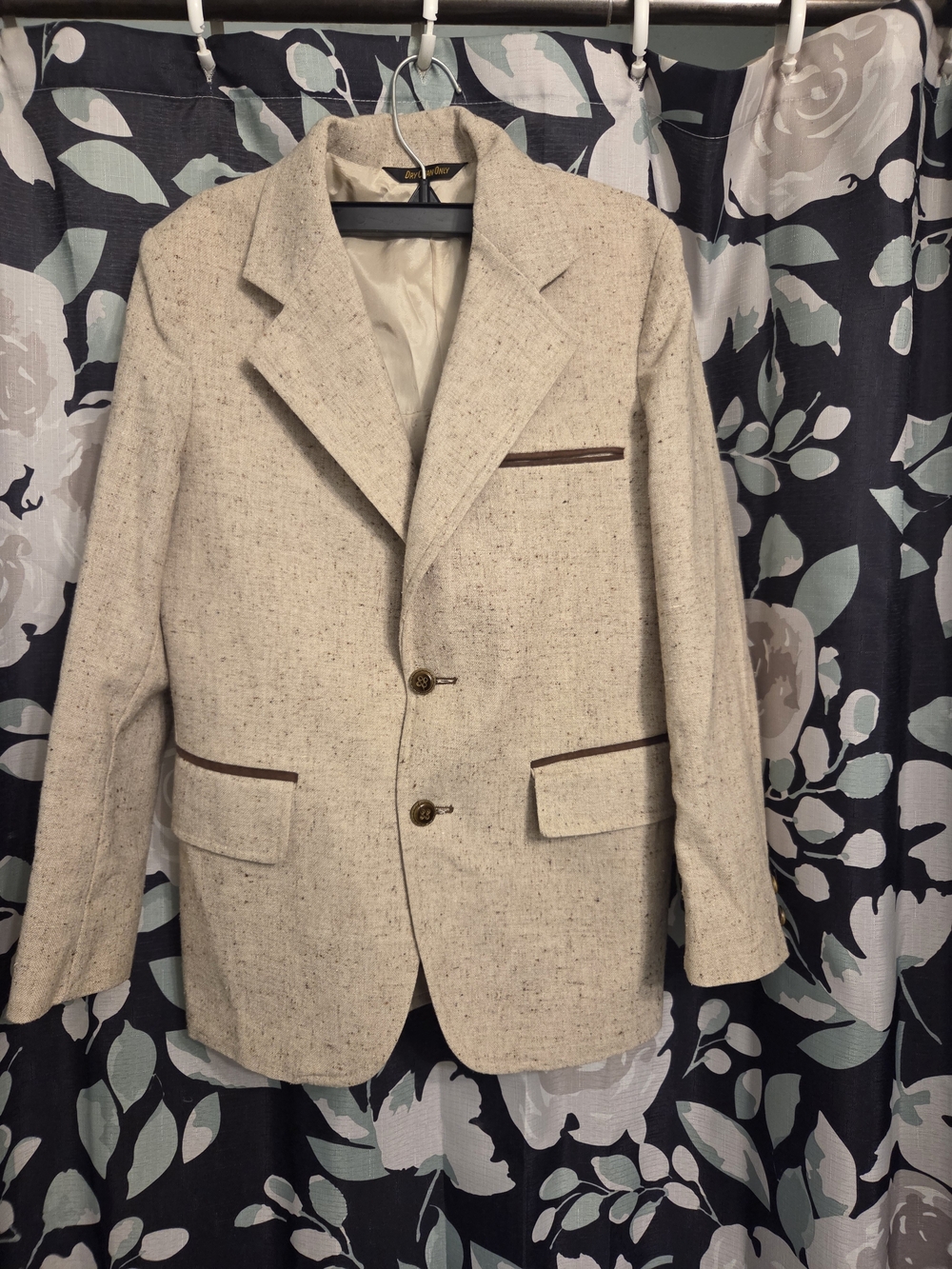 Vintage 1970's Johnny Carson Apparel Men's Cream Tweed Blazer with Brown Trim